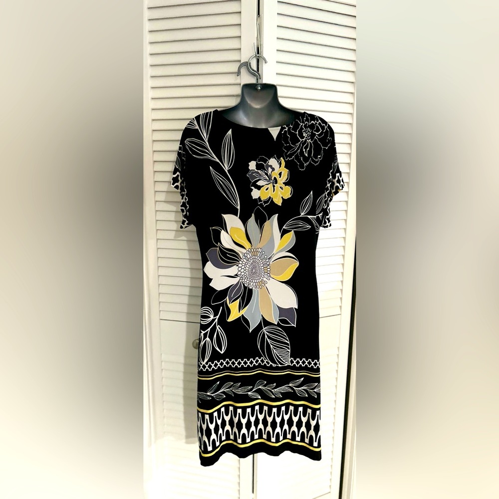 St. Tropez West tropical floral patterned black dress size 14